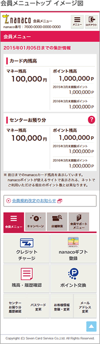 Nanaco 会員 メニュー