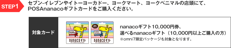 STEP1 セブン-イレブンやイトーヨーカドー、ヨークマート、ヨークベニマルの店頭にて、POSAnanacoギフトカードをご購入ください。対象カード:nanacoギフト10,000円券、選べるnanacoギフト(10,000円以上ご購入の方)※omni7限定パッケージも対象となります。