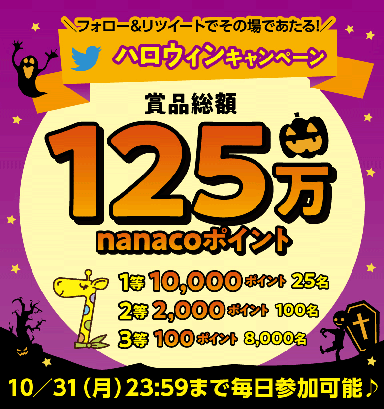 Twitter限定「＼最大1万ポイント当たる!／nanacoのハロウィンキャンペーン」