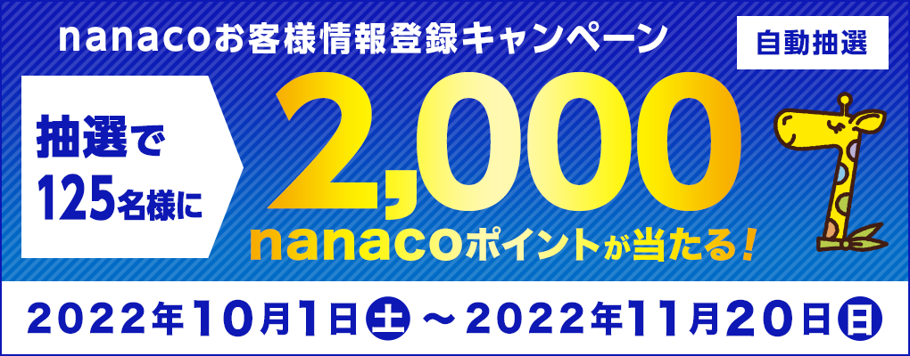 nanacoお客様情報登録キャンペーン 自動抽選 抽選で125名様に2,000nanacoポイントが当たる! 2022年10月1日(土)〜2022年11月20日(日)